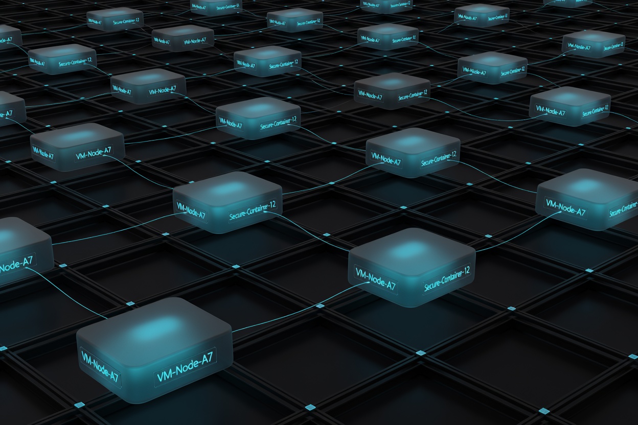 A row of glowing amber firecracker-shaped containers on a dark server rack grid, each isolated and labeled with a unique identity token