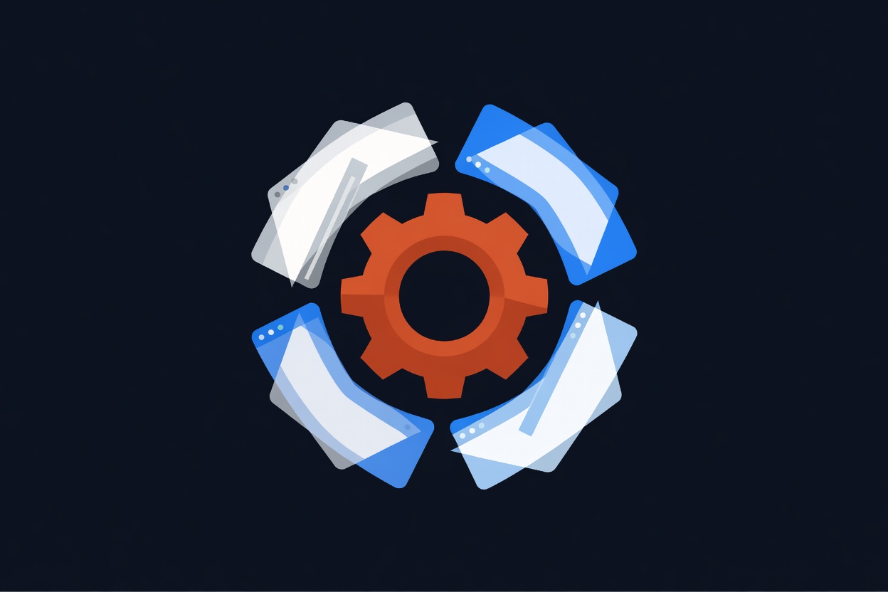 A Rust-orange gear interlocking with browser window shapes on a dark background, representing Rust-based agent-browser integration