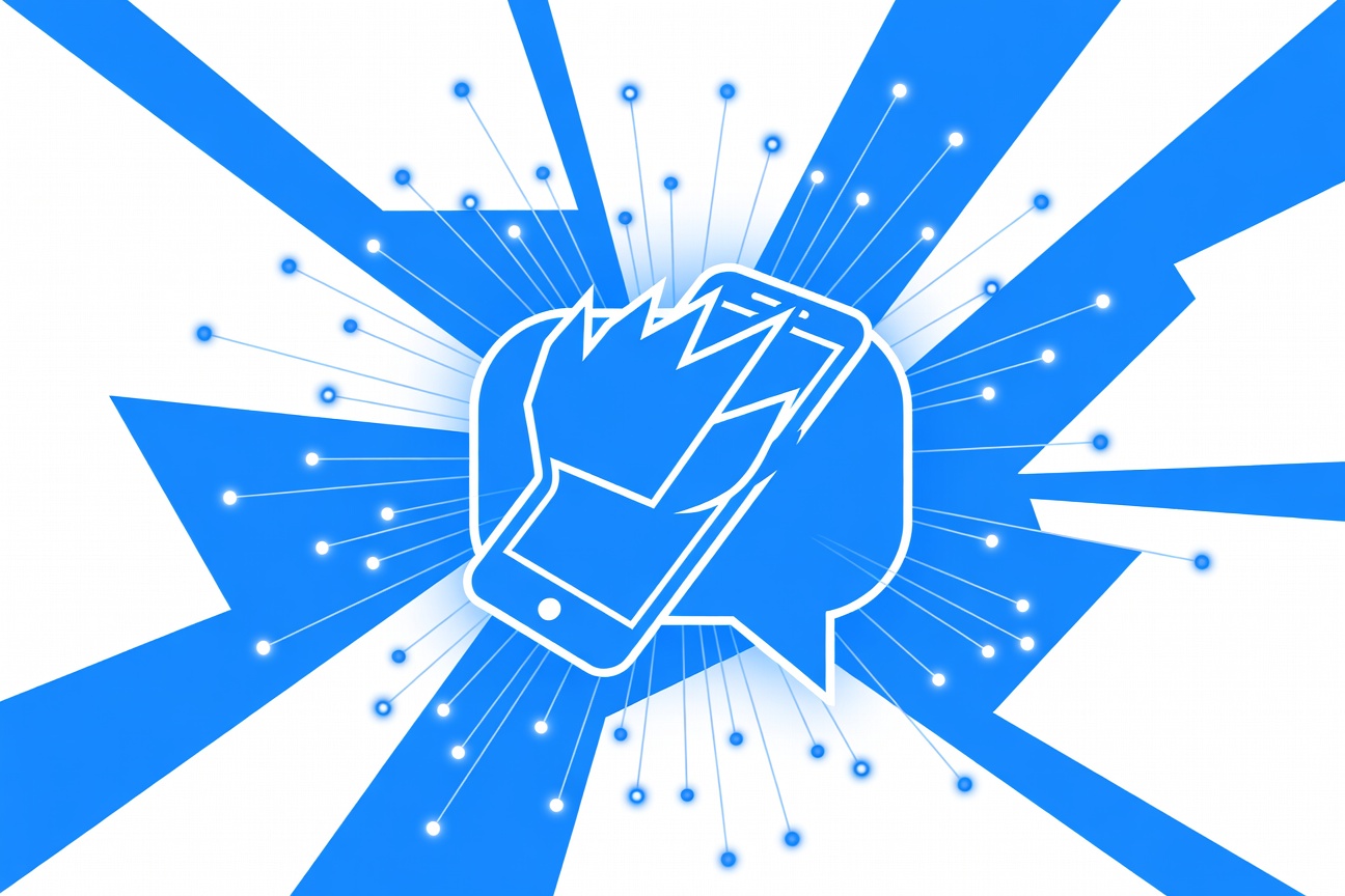 A stylized claw icon emerging from a smartphone chat bubble, surrounded by glowing network nodes