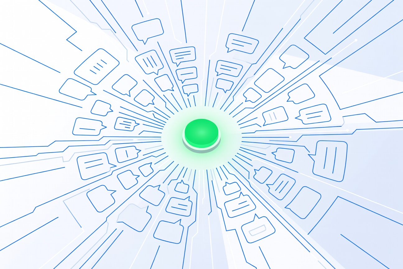 A single glowing green button on a sleek interface surrounded by interconnected chat bubbles and circuit lines, representing one-click AI agent deployment