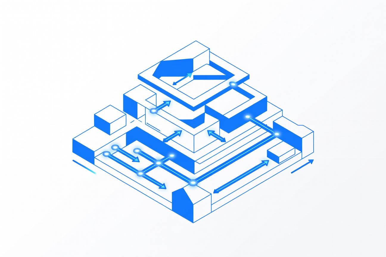 Abstract layered infrastructure diagram with glowing connection nodes and routing arrows between tiers, no text or labels