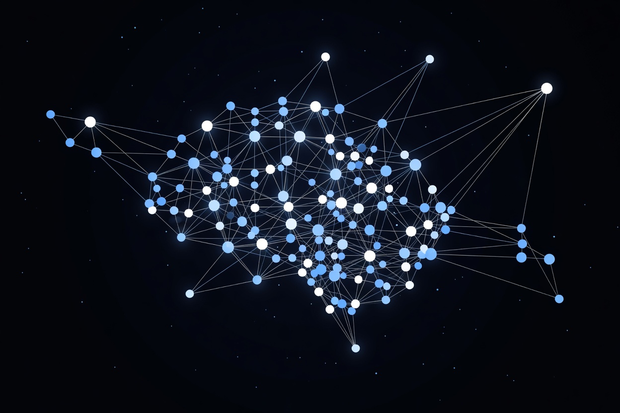 An abstract neural network constellation in deep space, glowing blue-white nodes connected by silver threads forming a vast expanding mesh