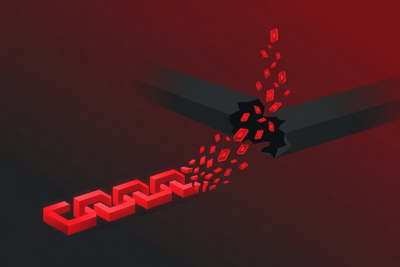 Abstract chain links dissolving into digital credential tokens flowing upward through a broken pipe