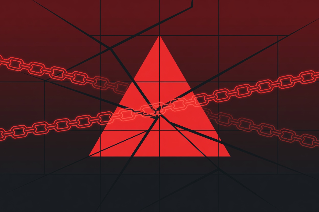 Abstract red warning triangle overlaid on a fractured digital grid with glowing chain-link barriers