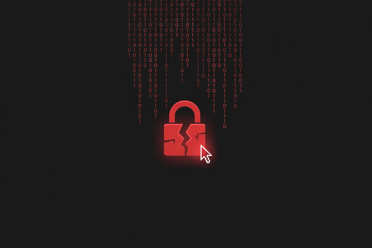 A glowing red padlock cracking open beside a terminal cursor, abstract binary falling in the background