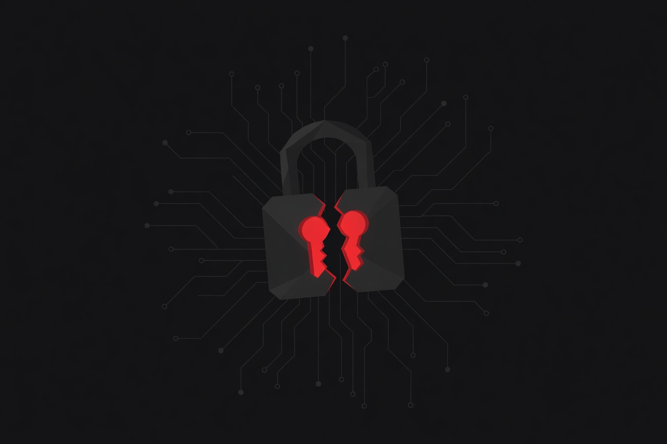 A cracked lock with two glowing red key-shaped gaps, set against a dark network mesh background