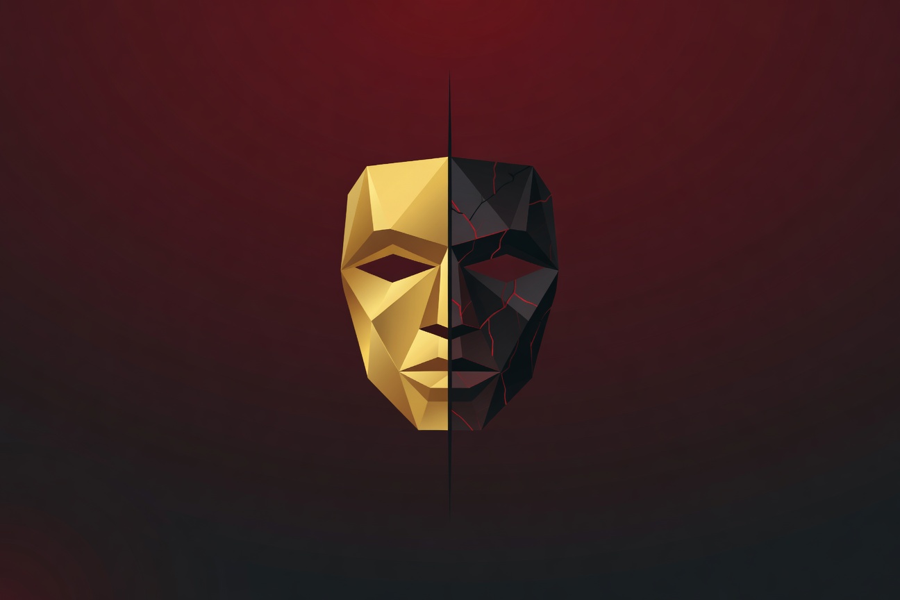 Two-faced geometric mask split down the middle, one side polished gold representing success, the other cracked and dark representing hidden threats, abstract minimal tech aesthetic