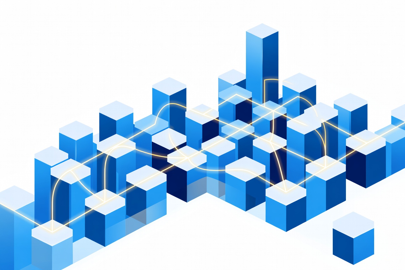 A gleaming geometric cityscape of interconnected hexagonal towers with golden light threads flowing between them against a deep blue sky, symbolizing autonomous government infrastructure