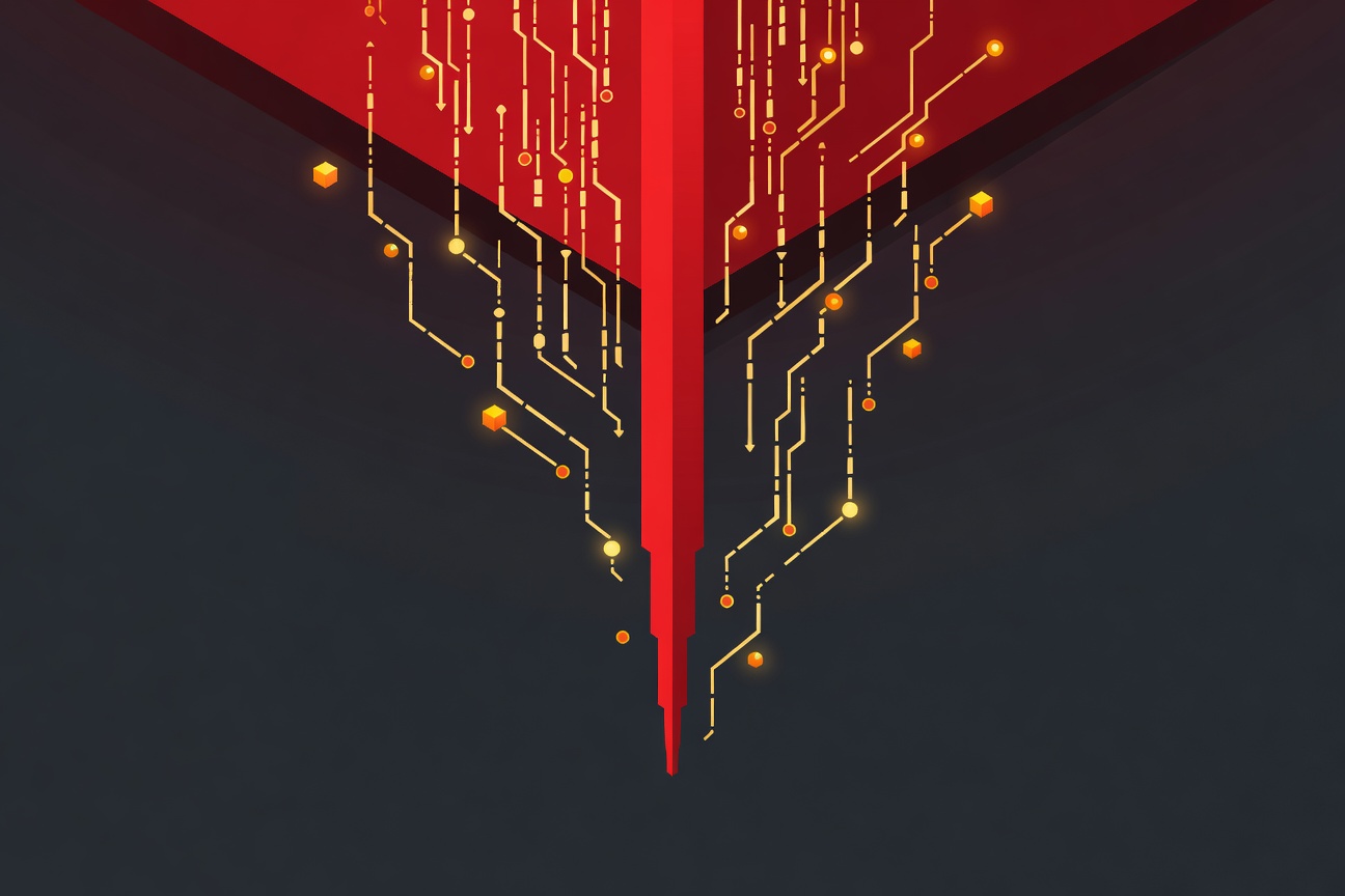 Abstract visualization of a budget bar going to zero, surrounded by cascading code fragments and glowing cost metrics