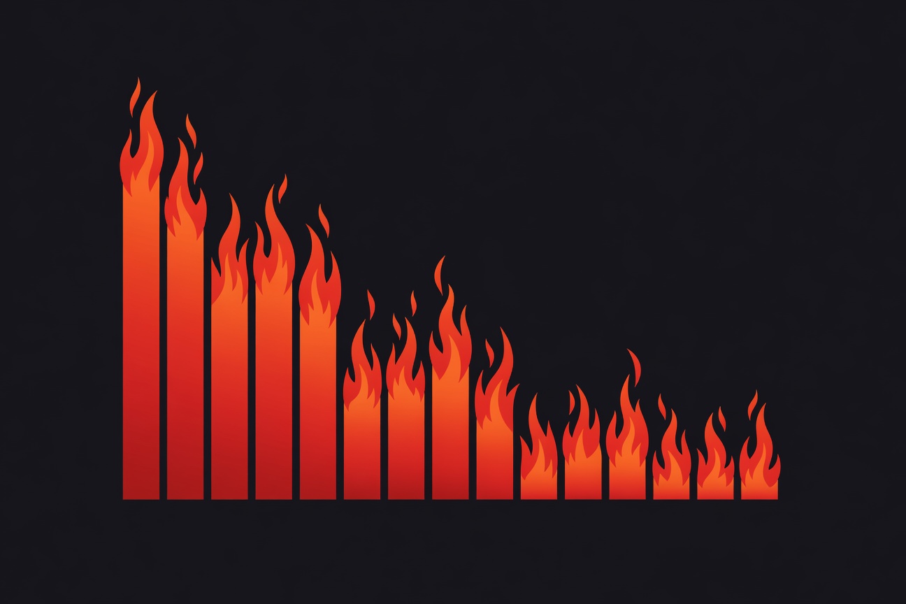 An abstract visualization of a burning budget graph line with flames consuming a bar chart from left to right