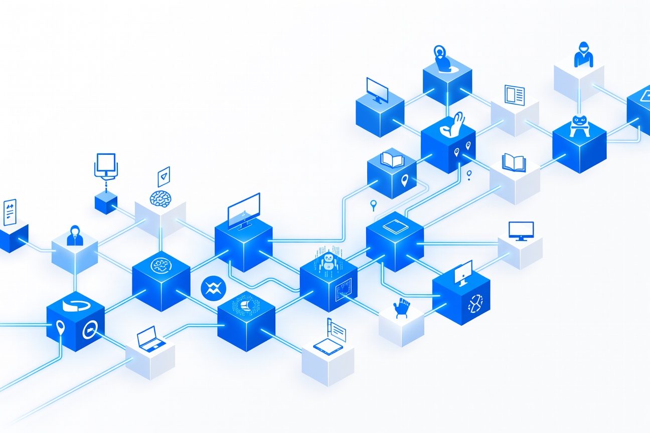 Abstract geometric network of connected enterprise nodes with glowing AI orchestration pathways flowing between them