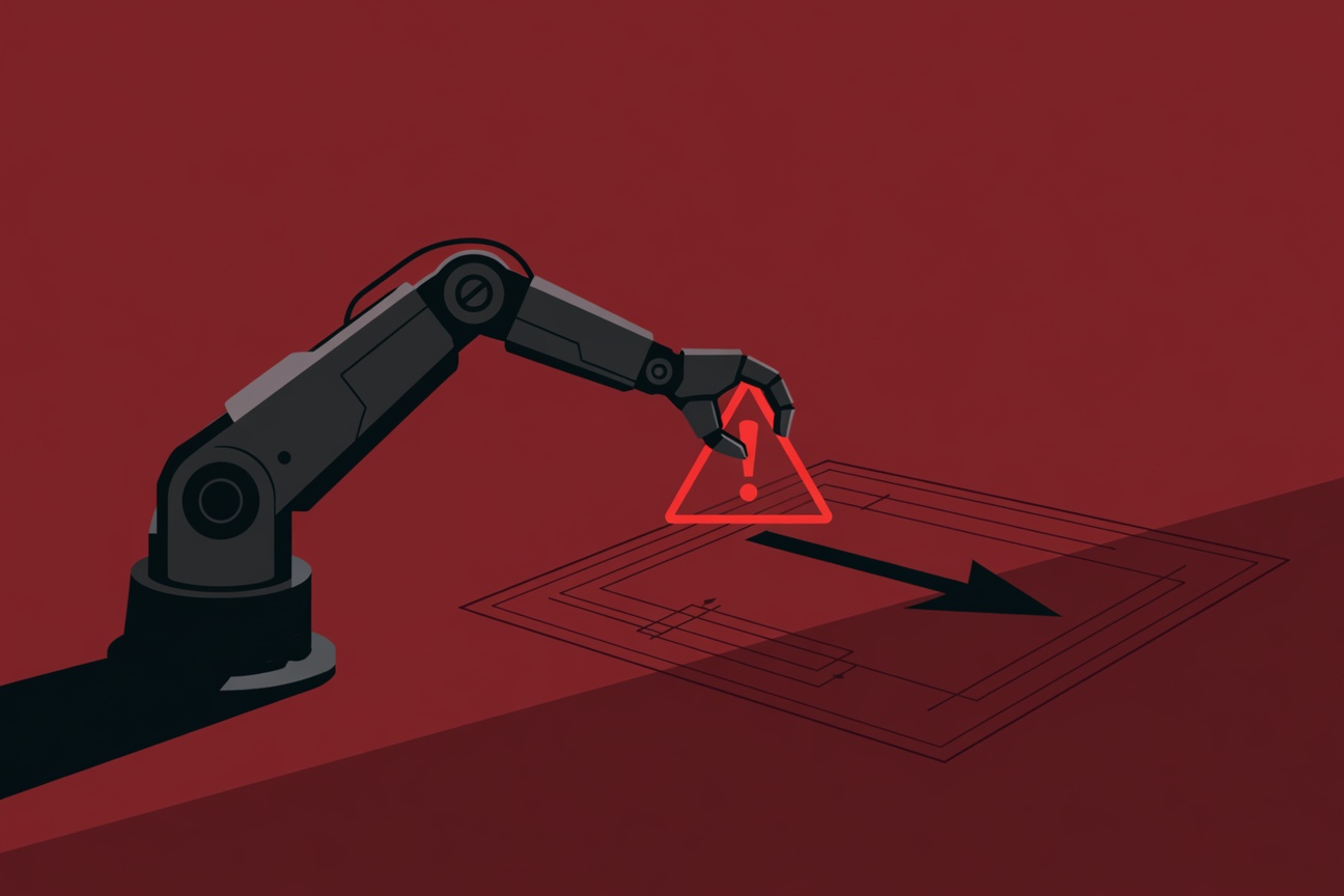 An abstract robotic arm bypassing a warning sign, moving in a direction contrary to a human-drawn arrow on a blueprint