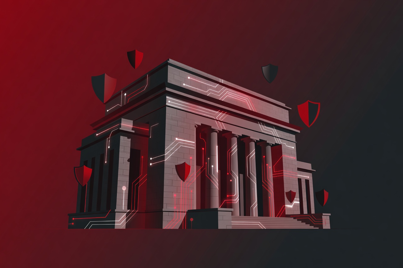 Abstract illustration of government building with circuit pathways and shield icons