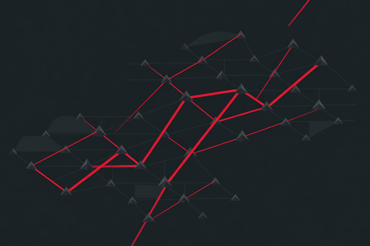 Abstract red network nodes connected by sharp diagonal lines over a dark cloud grid, representing an autonomous attack chain moving through infrastructure