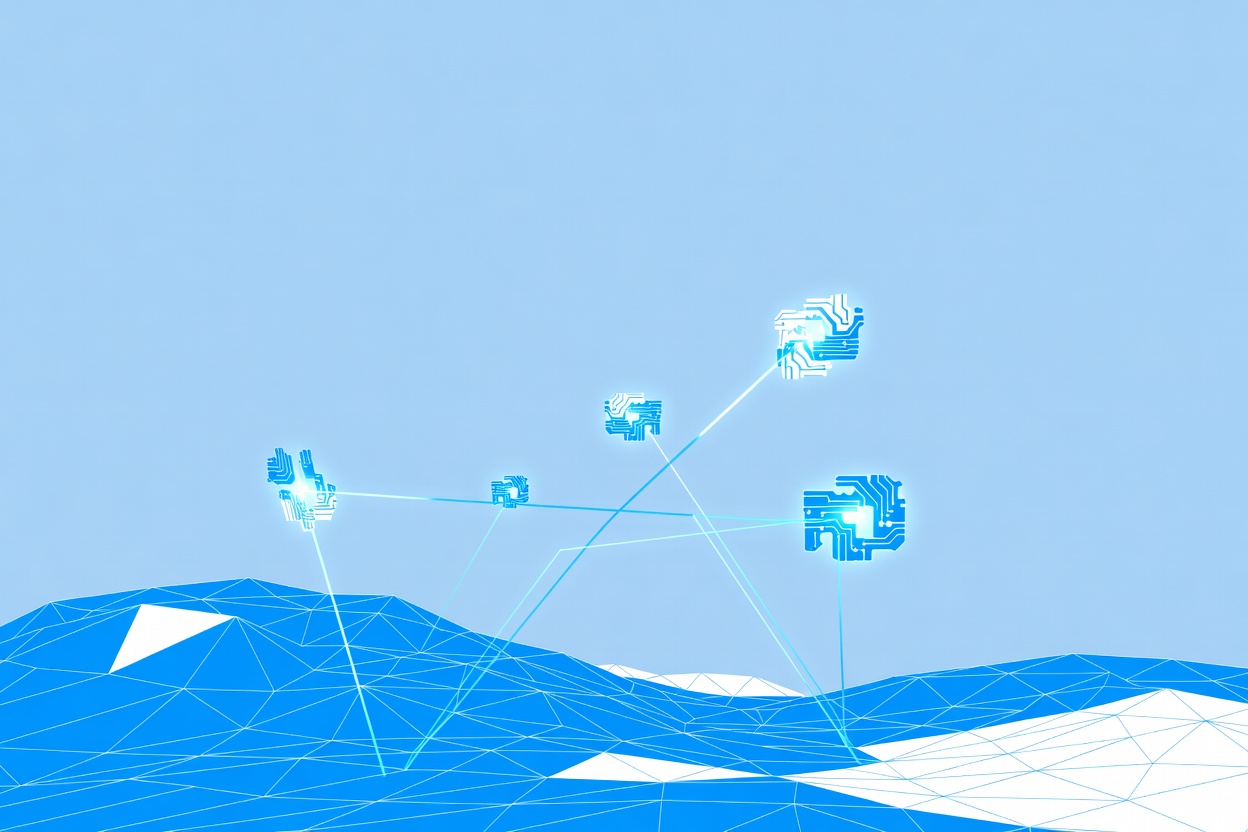 A geometric landscape of wireframe game terrain with abstract glowing connection lines between the environment and floating circuit-board-like nodes above it