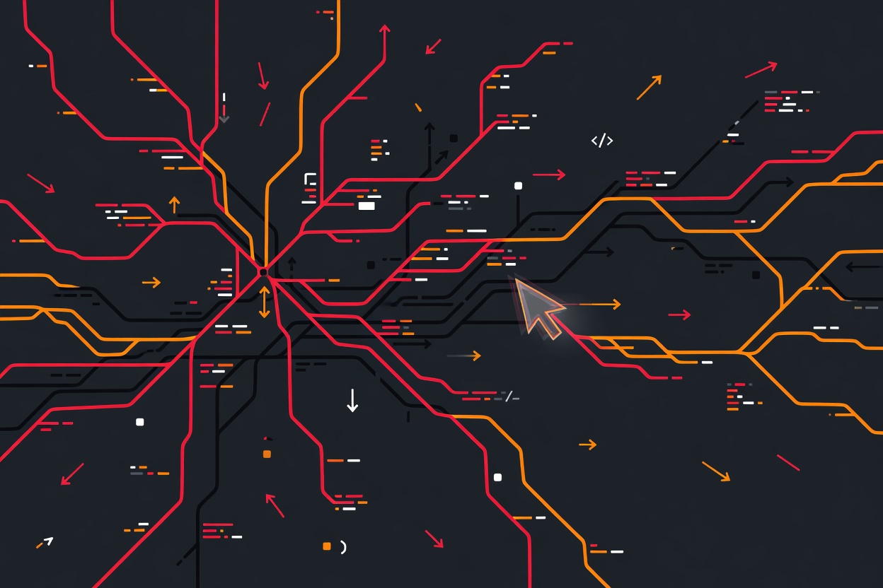 A digital bug crawling through an open-source codebase, scattering erratic commits and reassigned bug tickets across a branching commit graph