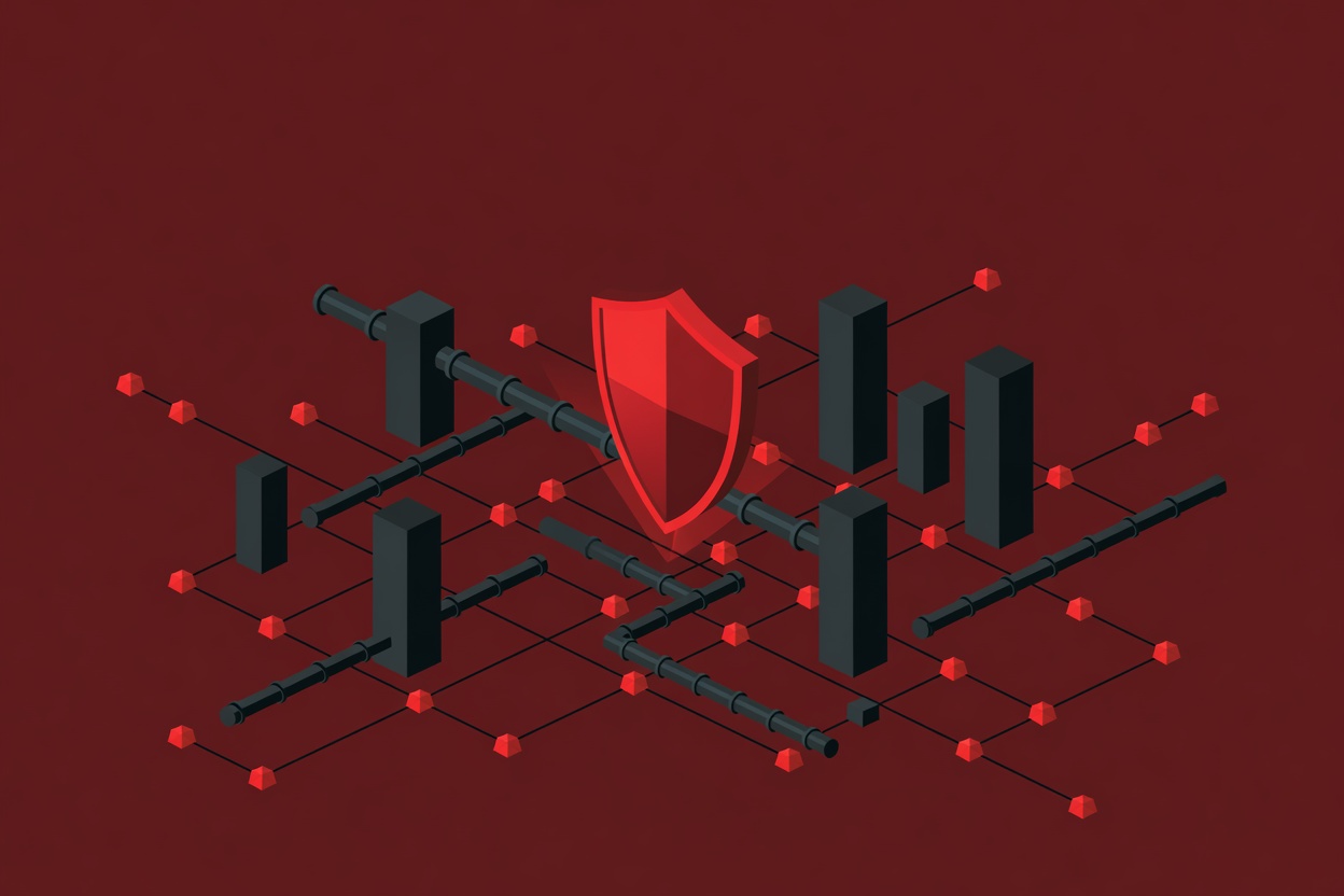 A glowing digital shield protecting an interconnected network of power grid and infrastructure nodes