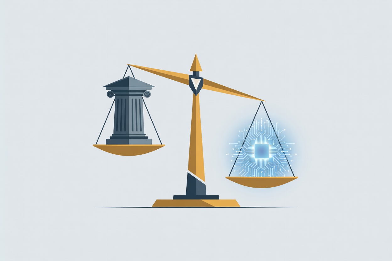 Abstract scales of justice in gold and silver, partially open, with a glowing blue AI circuit pattern on one side and government building columns on the other — balanced but conditional