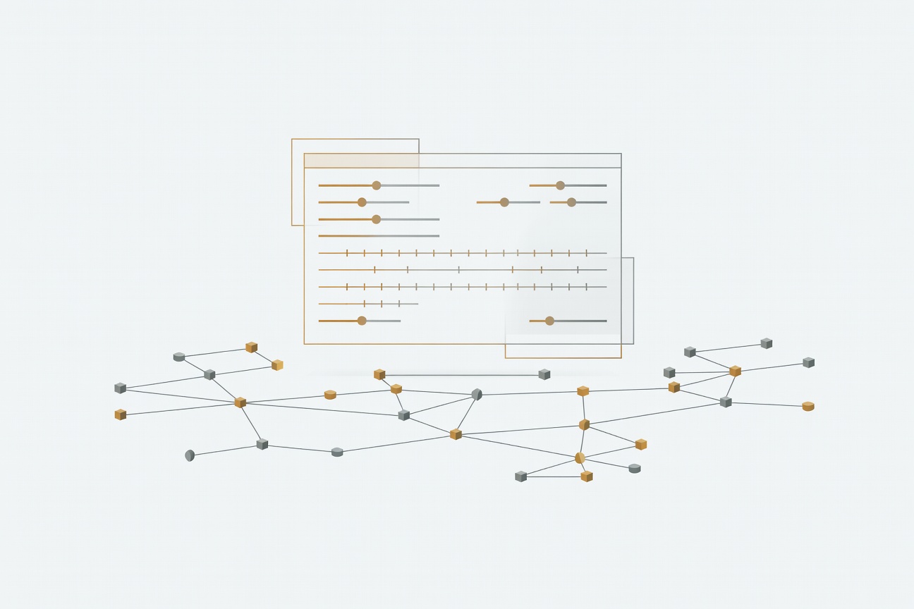 A transparent control panel with permission sliders and audit trail timelines hovering above a network of interconnected agent nodes
