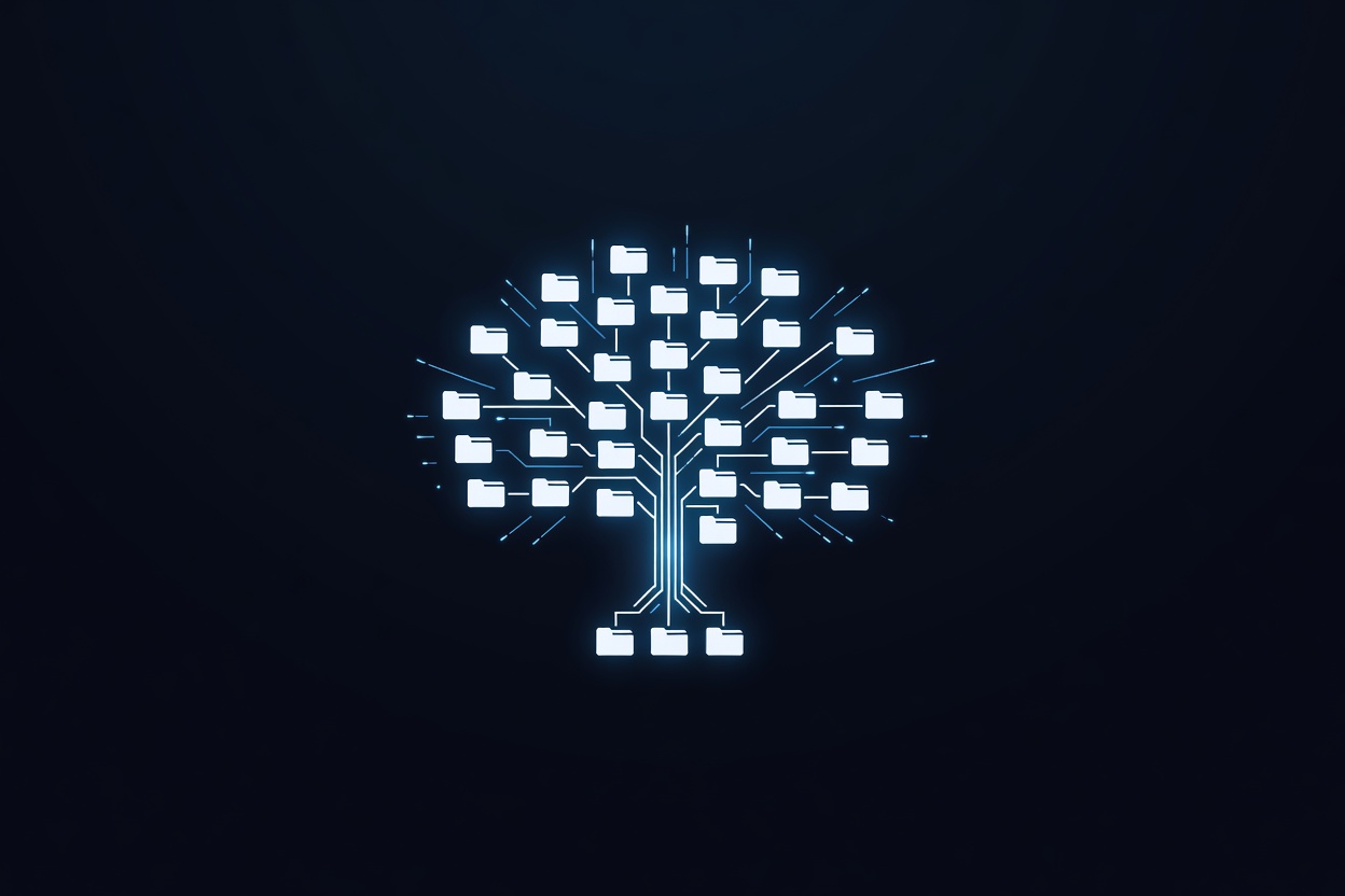 A glowing directory tree structure floating in dark space, files branching like a neural network
