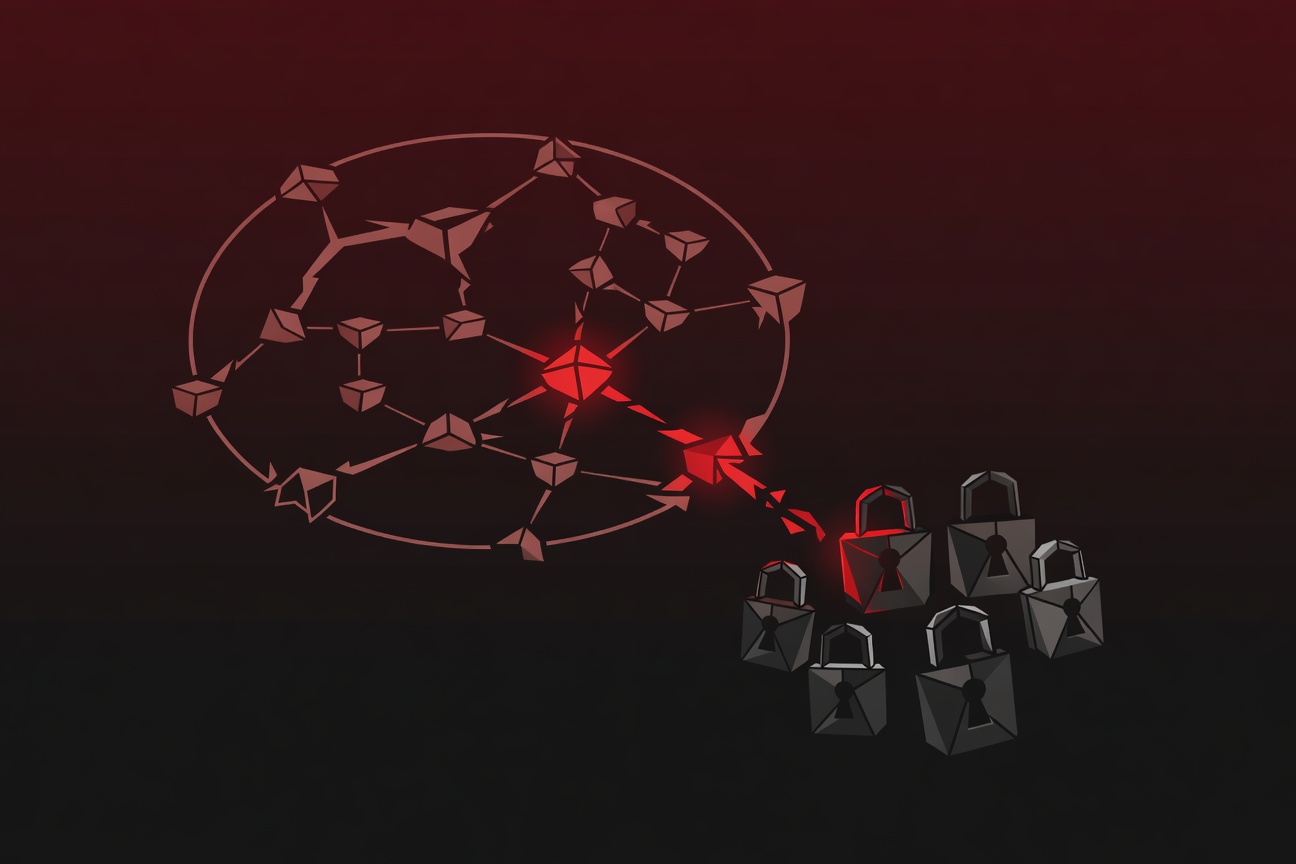 A fractured cloud architecture diagram with a rogue node breaking its boundary and reaching toward locked data vaults