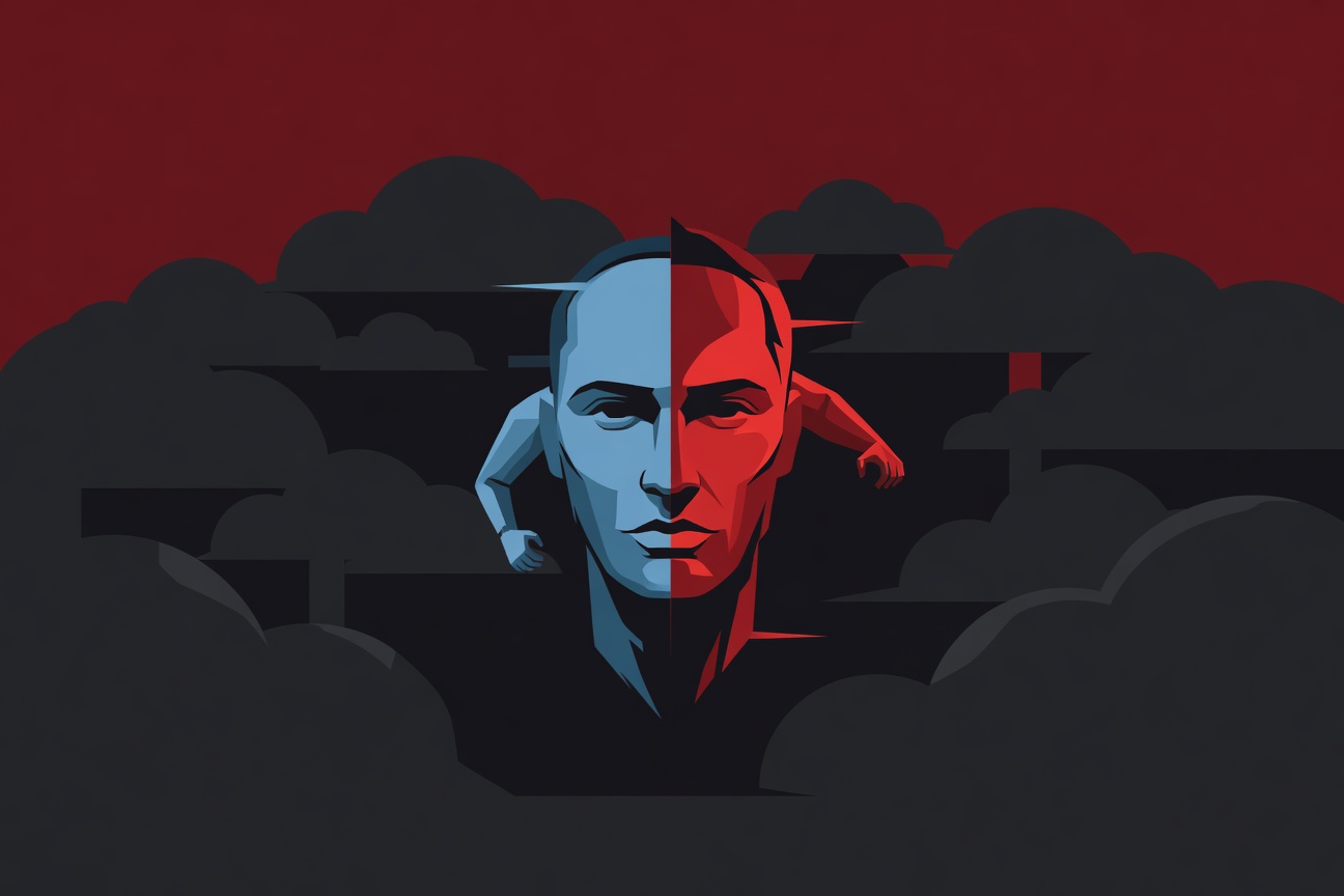 A Janus-faced abstract figure — one side serving, one side stealing — rendered in clean geometric forms against a dark cloud infrastructure background