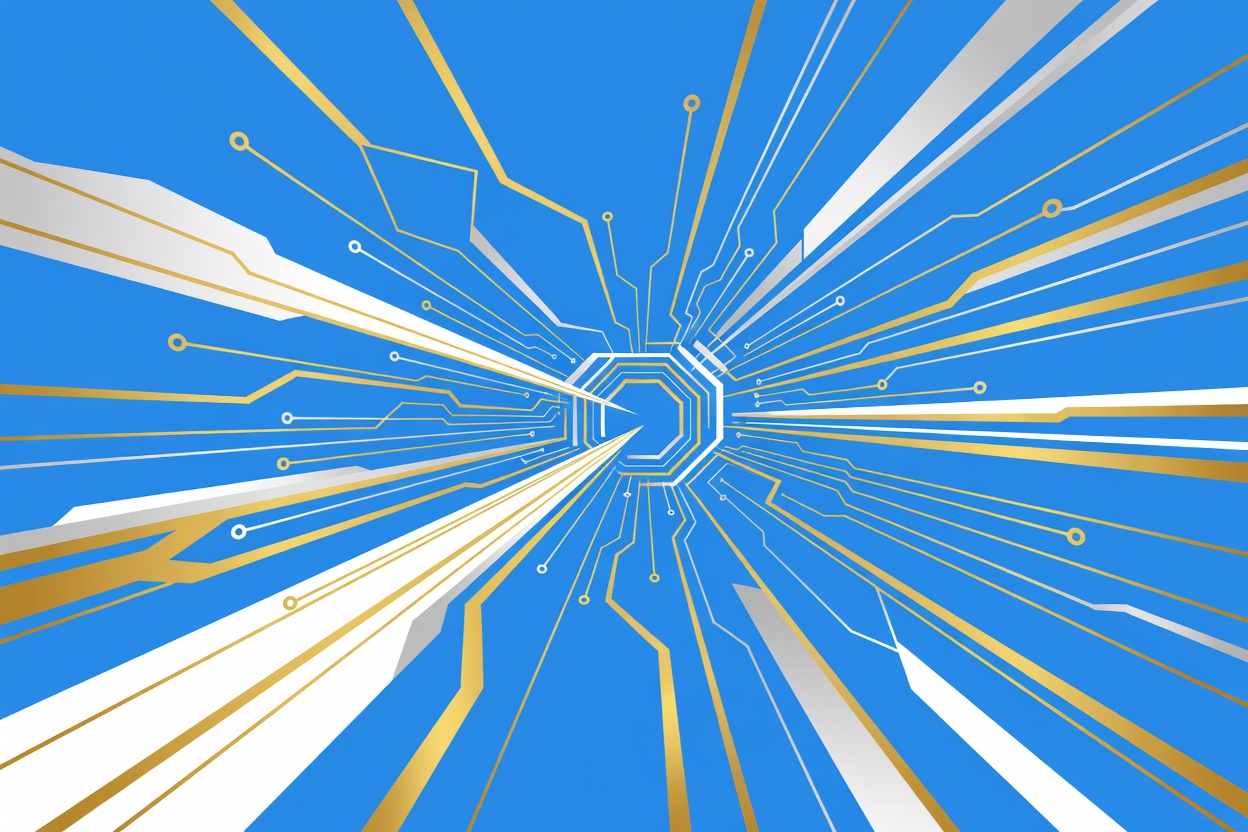 Abstract gold circuit paths converging into payment nodes, representing machine-to-machine micropayments flowing at high speed