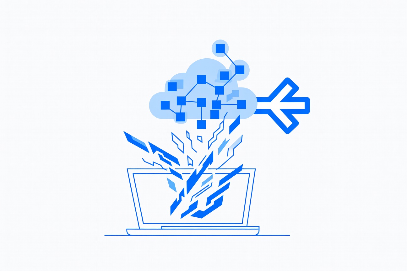 Abstract floating code fragments connecting to a cloud node, representing remote agent-driven development
