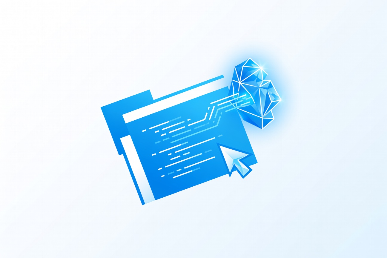 A futuristic code editor interface with an AI agent icon floating autonomously, writing code