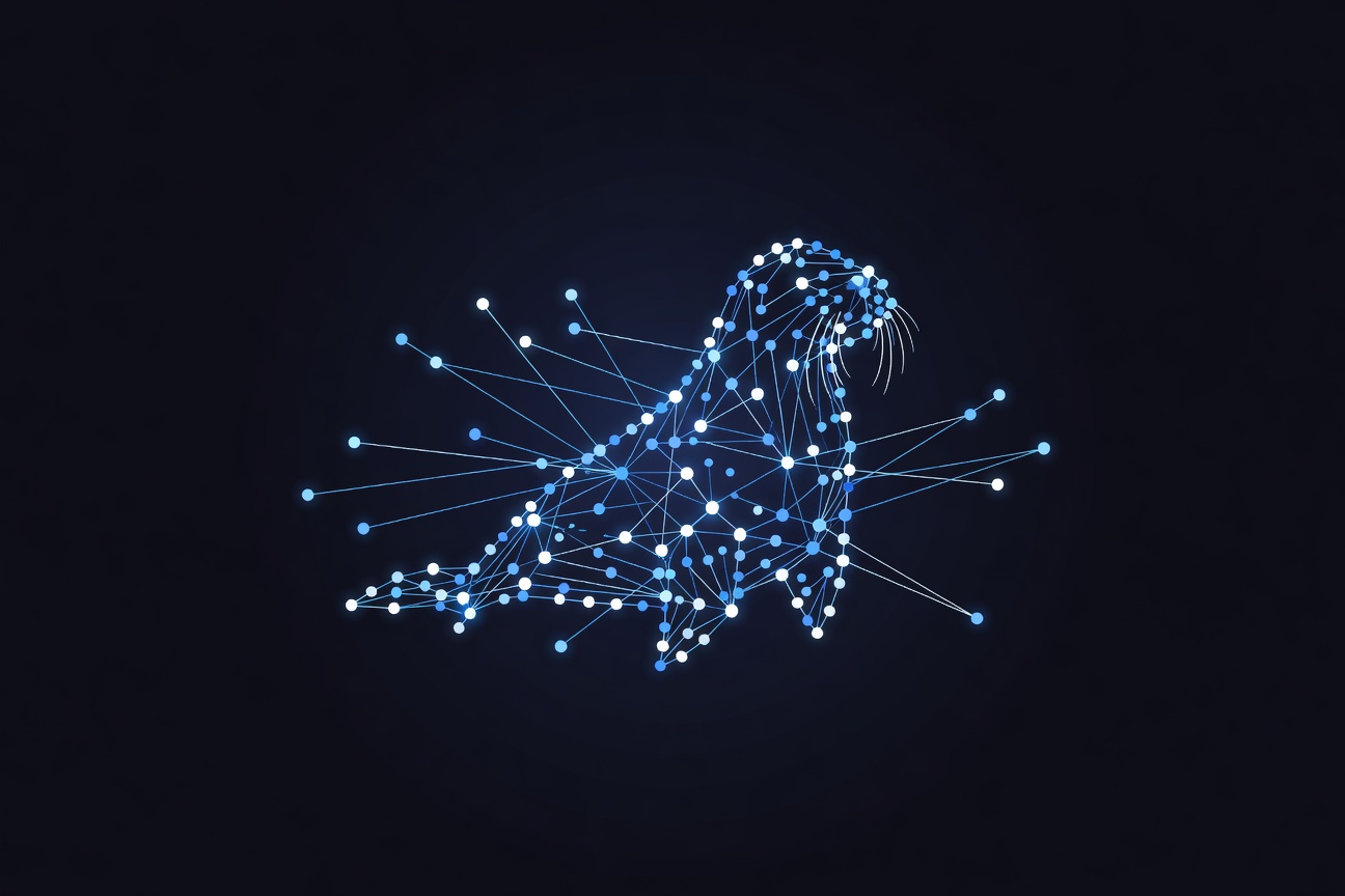 An abstract walrus-shaped geometric form made of glowing data nodes, symbolizing decentralized persistent AI memory storage