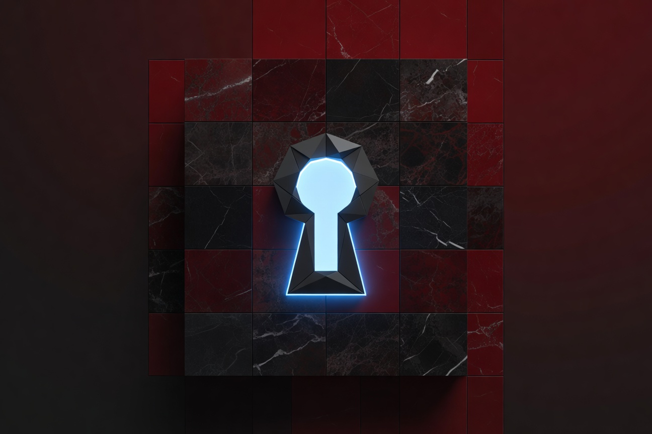 An abstract geometric keyhole shape glowing with neon blue light against a dark governmental marble backdrop, symbolizing controlled access to a powerful AI system