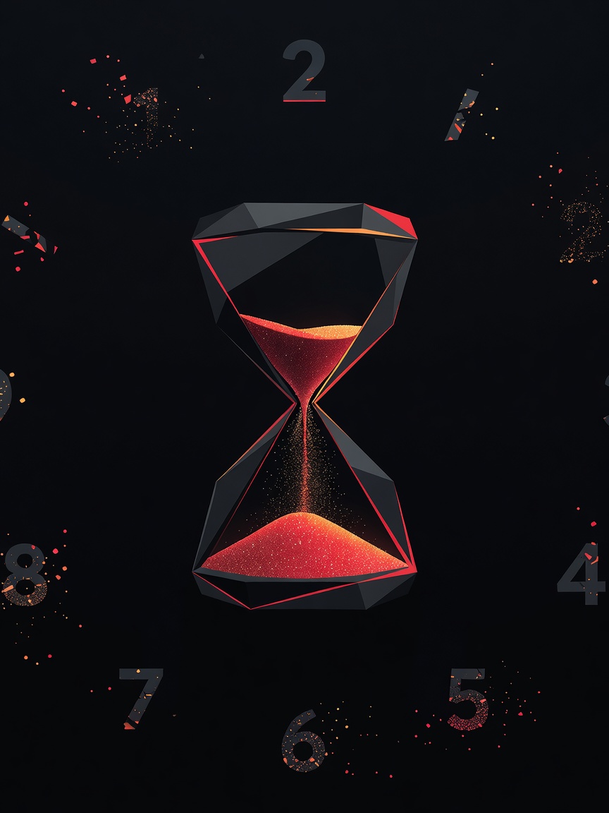 Abstract hourglass shape with glowing red sand and fractured digital lock symbol in the center