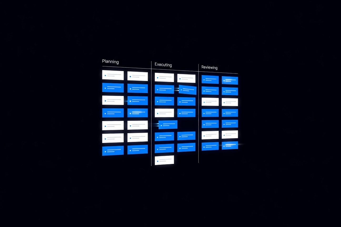 A futuristic Kanban board of luminous agent cards organized by status columns floating in a dark digital space