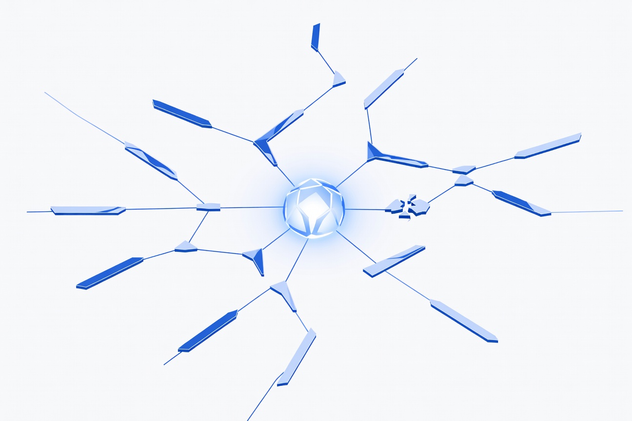 A glowing central hub with API connection nodes branching outward, one connector visibly broken or unlocked