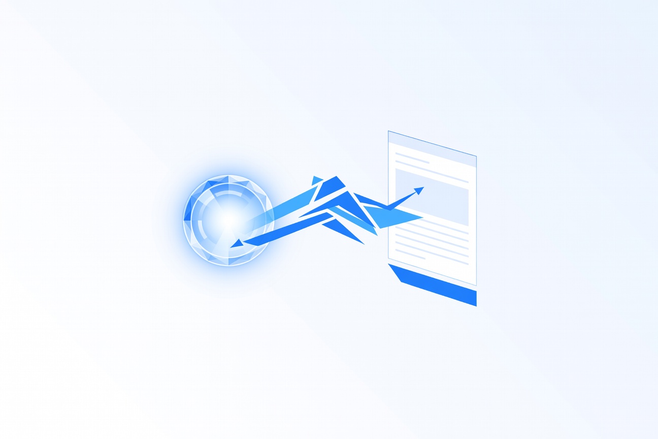 Abstract blue W logo dissolving into flowing data streams, representing AI agents writing and publishing content autonomously