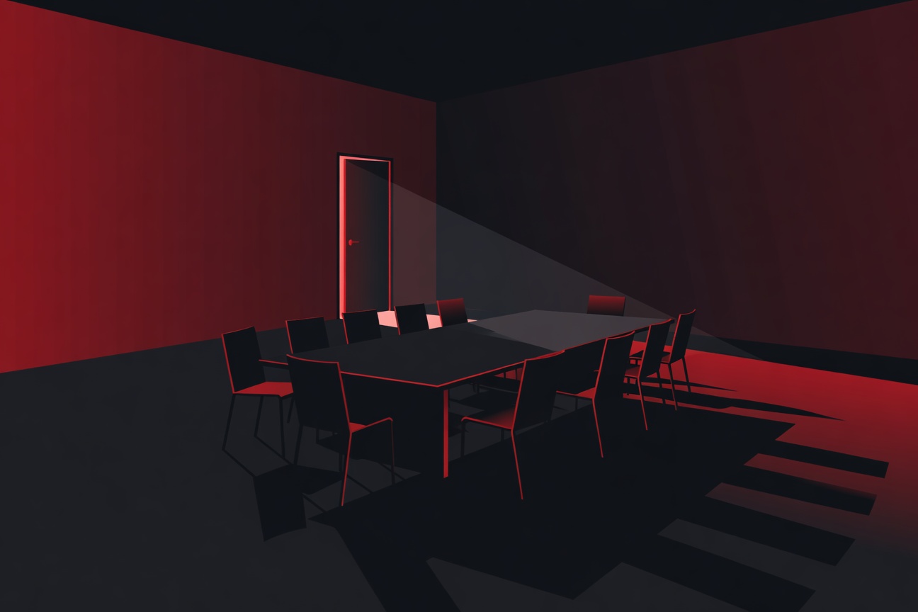 An abstract organizational chart dissolving into empty nodes, symbolizing a complete leadership exodus