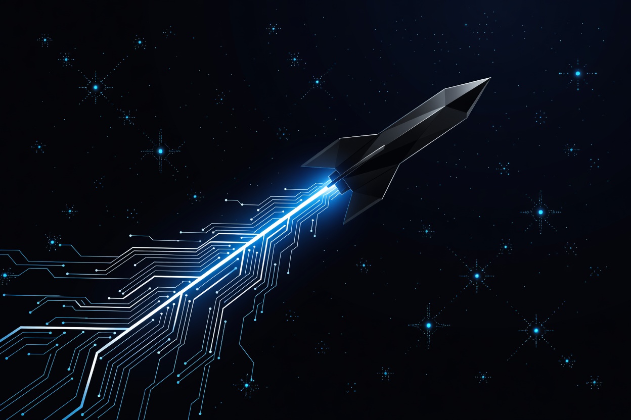 A sleek black rocket trajectory through a circuit-board galaxy, representing Grok 4.5's speed and agentic precision