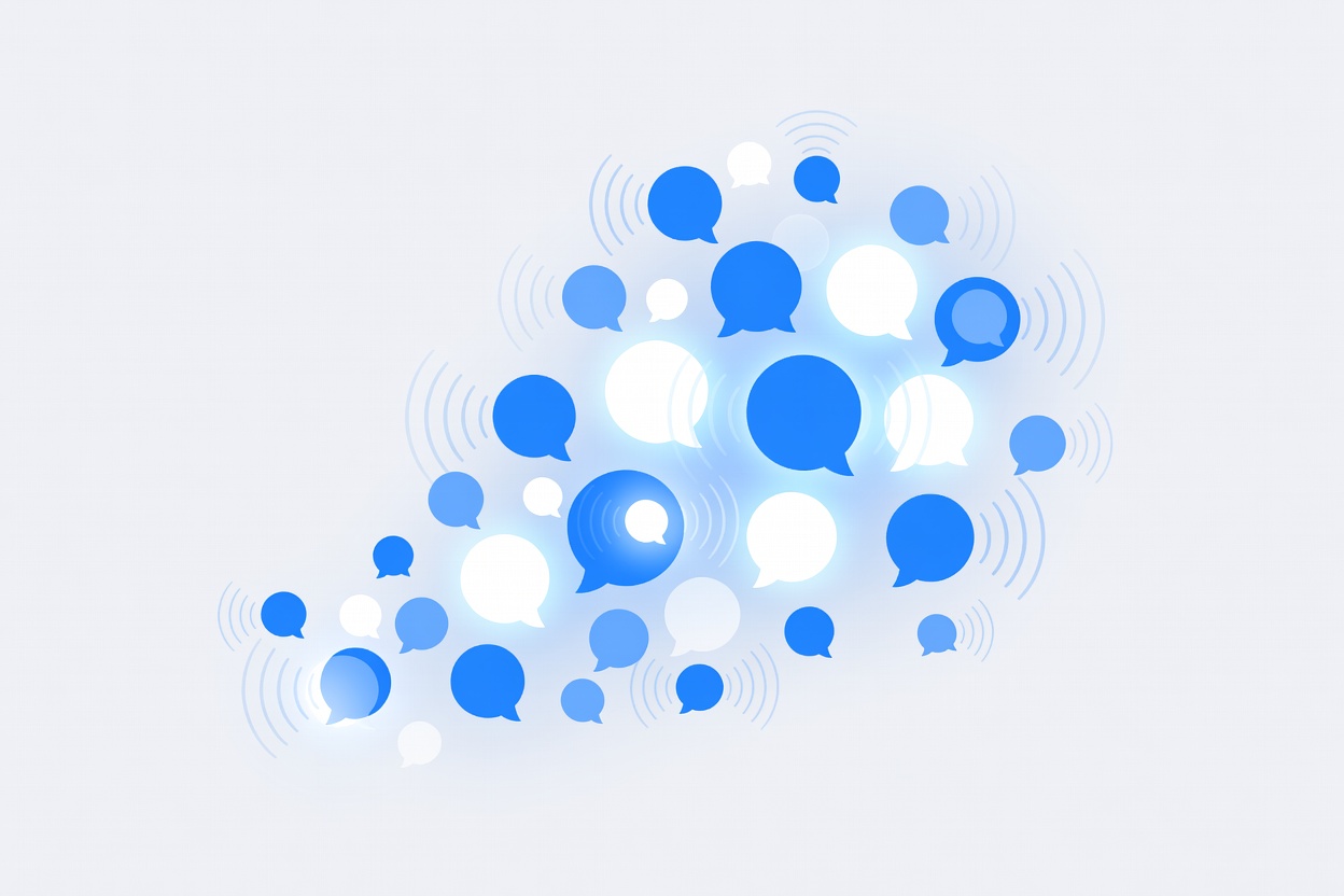 Twenty-six translucent speech bubbles arranged in a globe-like sphere, each glowing in a different color, representing multilingual AI voices