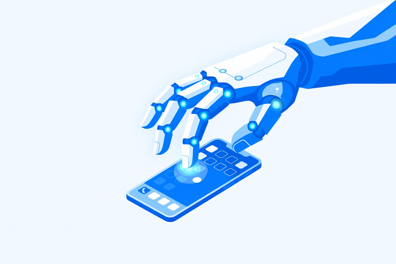 An abstract robotic hand with glowing fingertips hovering over a floating smartphone screen displaying app icons