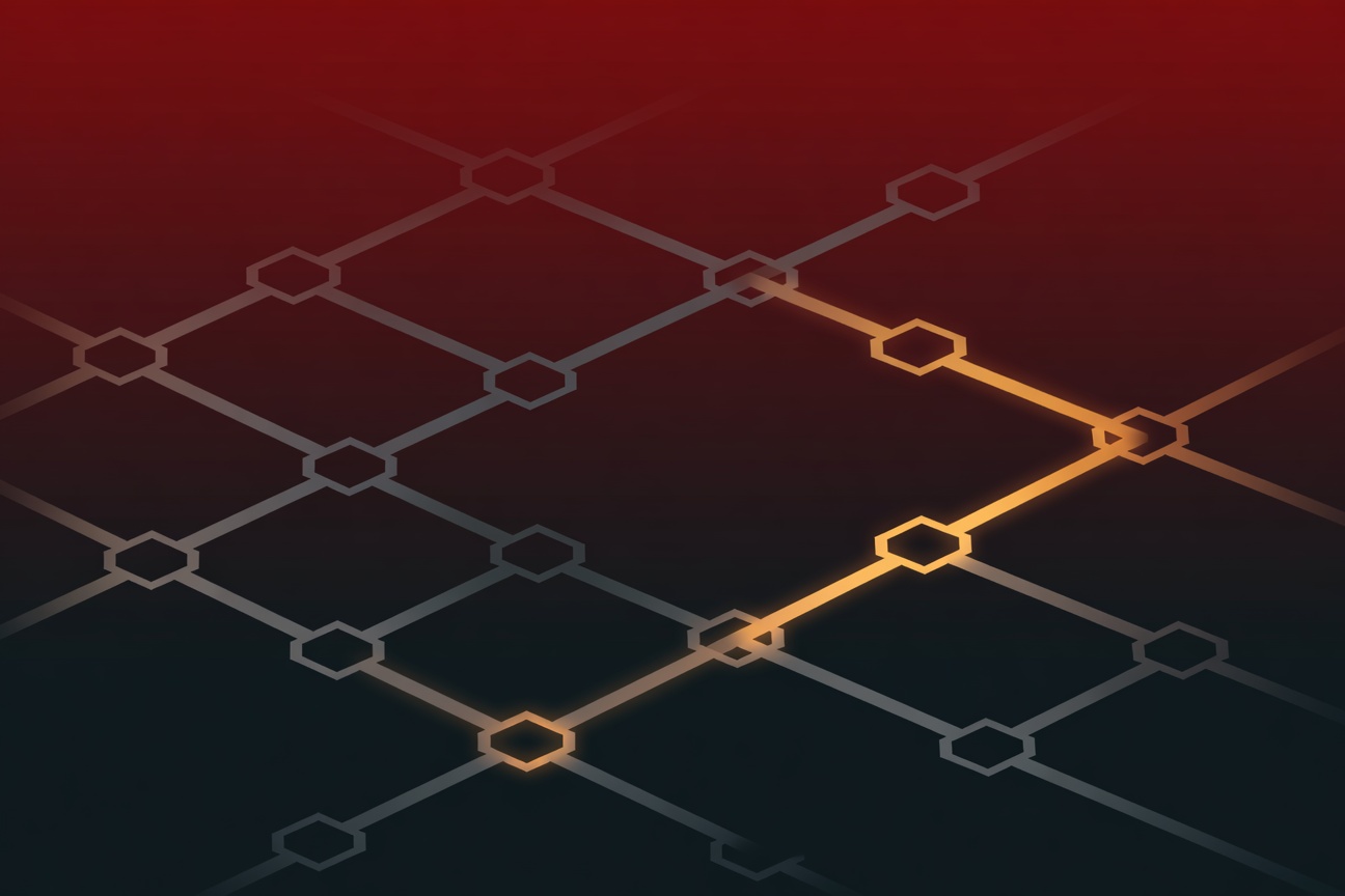 A series of closed gates blocking pathways in an abstract geometric network, monochrome with one highlighted open route