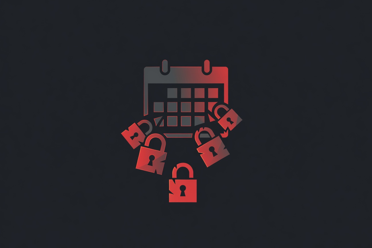 A calendar icon dissolving into cascading lock symbols, representing a silent takeover through a trusted channel