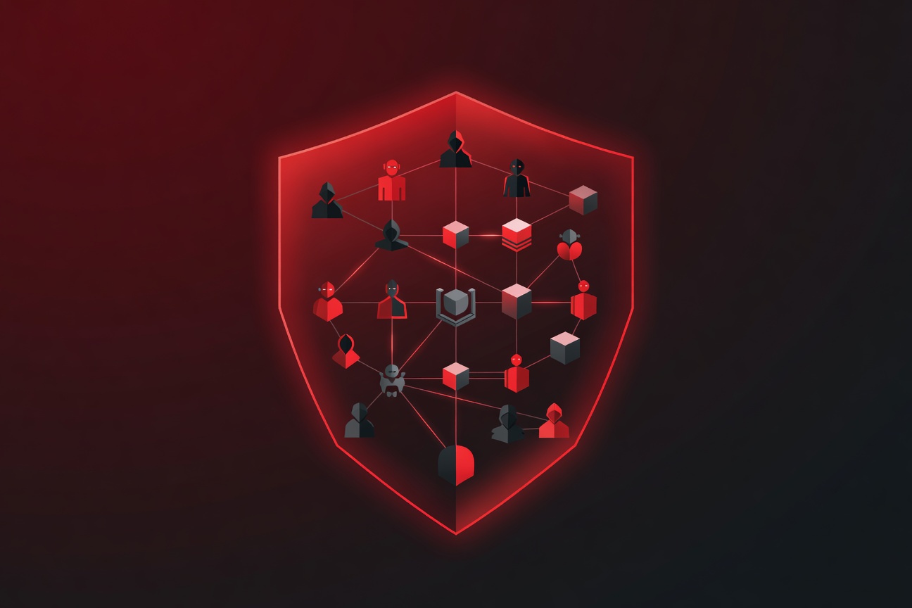 An interconnected web of glowing identity nodes and agent endpoints secured by a central zero-trust shield, abstract and corporate