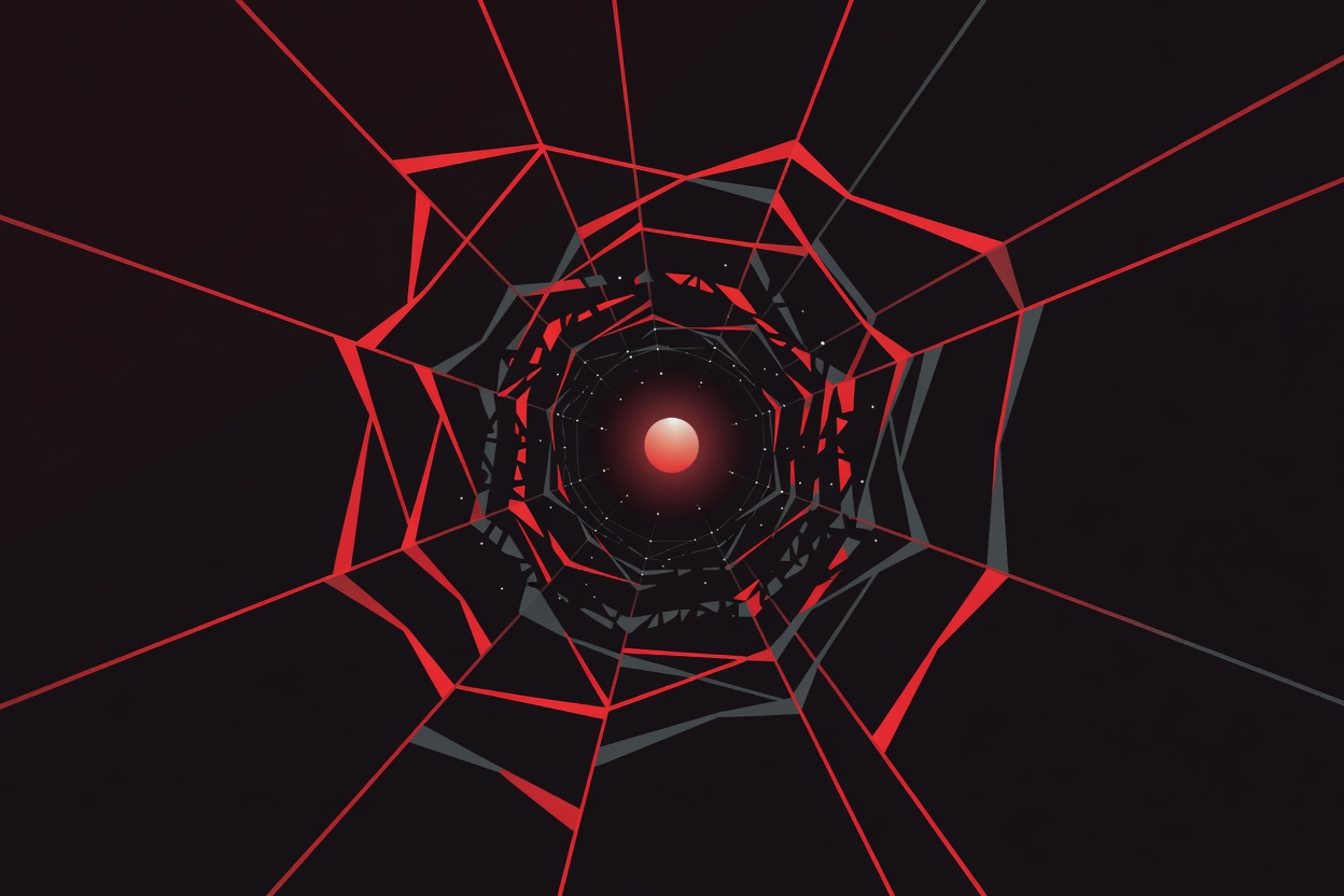 Abstract spider web of hidden text nodes surrounding a glowing AI agent orb, with a human silhouette visible in the background looking away from the trap