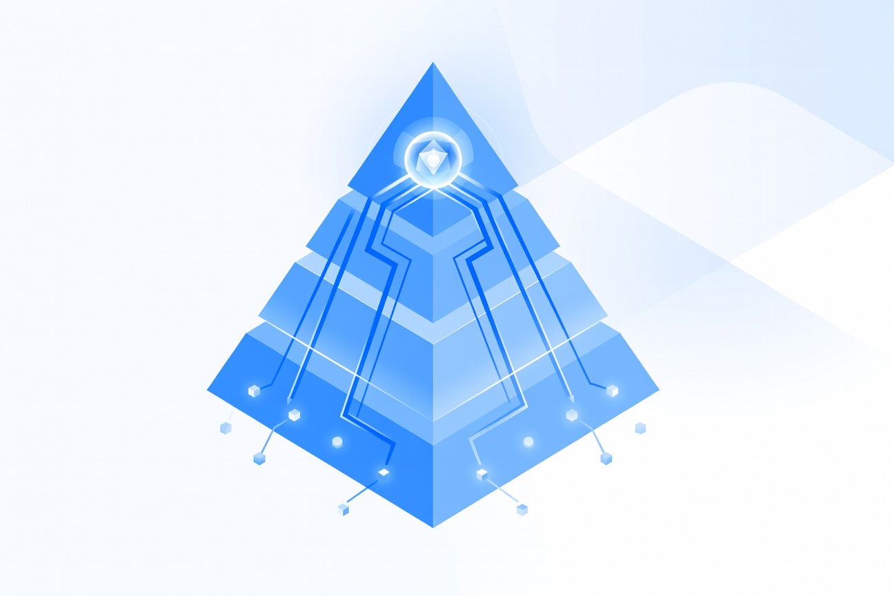 An abstract executive command center with glowing AI neural pathways replacing organizational hierarchy layers