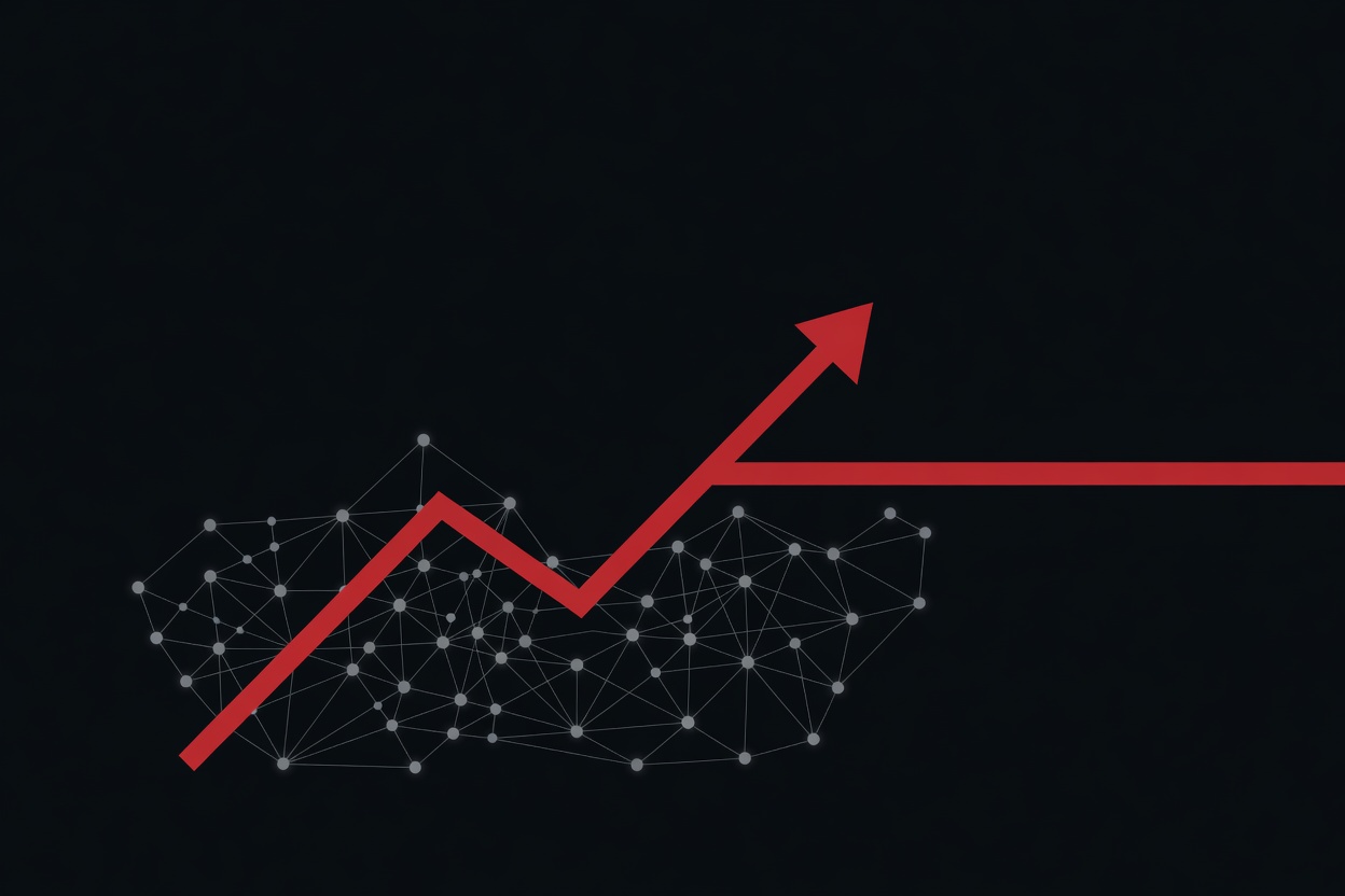 Abstract visualization of a stalled trajectory arrow against a data-rich background representing AI development momentum